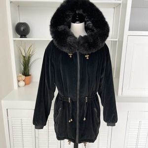 Vintage Skea Black Velvet Faux Fur Trim Ski Coat Size M